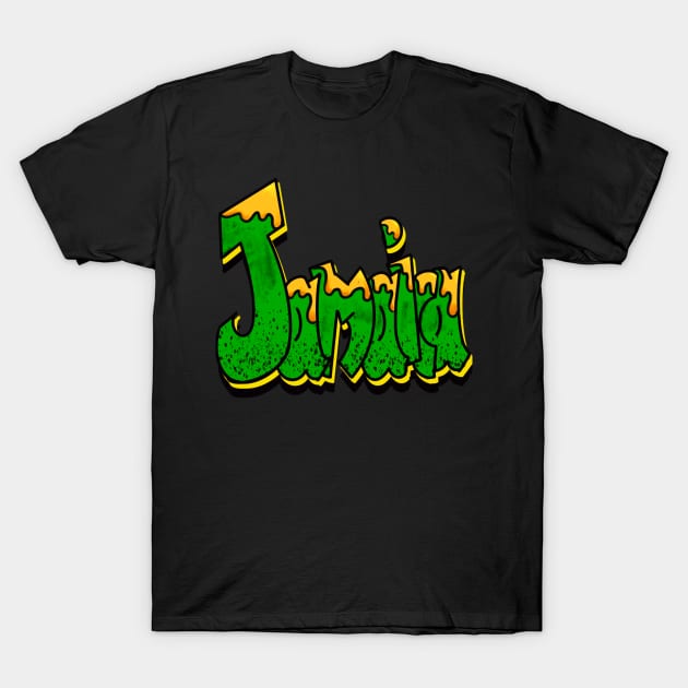 Jamaicans Graffiti drips typography Reggae Rasta Ska Rocksteady dub band Vintage Retro rustic with Jamaican flag colours colors Jamaica T-Shirt by Artonmytee